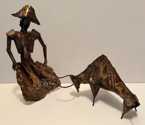 Mid Century Modern / Brutalist Torch Cut 16.5” tall Metal Matador and 10” tall Bull Sculpture