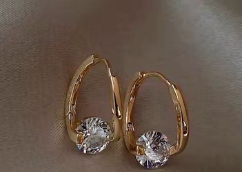 Yellow Gold plated 925 Hoop Earrings Round Clear Simulated CZ, Pair