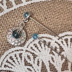 2 Steel Matching Blue Crystal Round Dangle Silver Tone Charm Hijab Pins