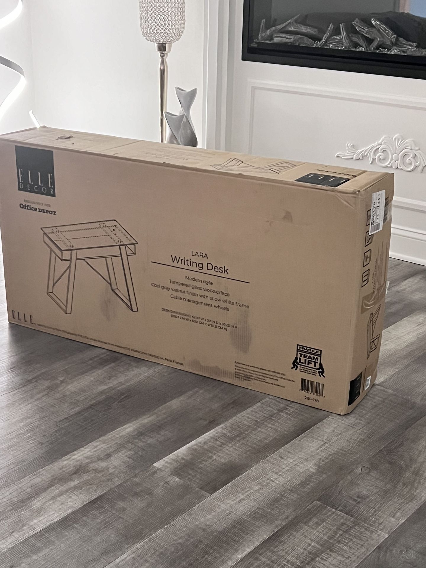 Elle Décor Lara 42”W Writing Desk, Cool Gray/Snow White