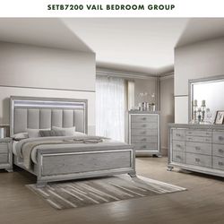 QUEEN LIGHT GREY LED BDFRAME WITH DRESSER/MIRROR, CHEST AND NIGHTSTAND