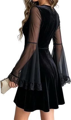 Black Velvet Dress for Women Halloween Lace Trim Cosplay Sheer Sleeve Swing Flare Dresses  Size L
