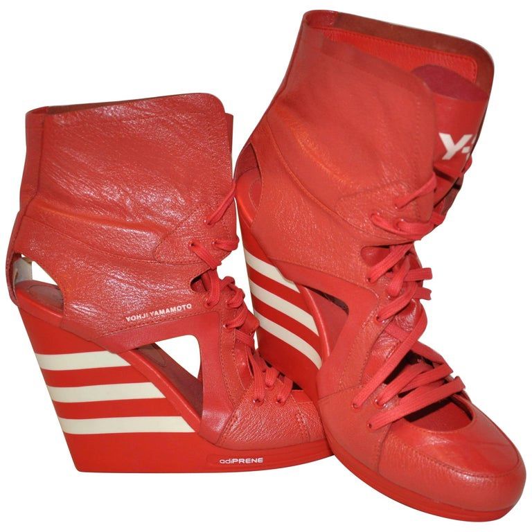 Yohji Yamamoto Engine Red with White Stripe Wedge Ankle Lace-Up Heels Size 8.5