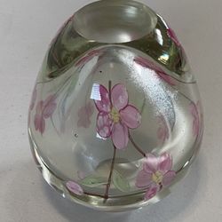 EGG SHAPED PINK FLORAL GLASS FIGURE