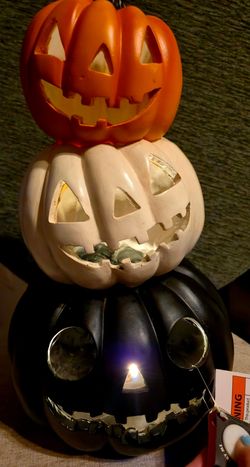 27" Lighted Stacked Pumpkin Jack-O-Lantern Halloween Decor NWT HTF