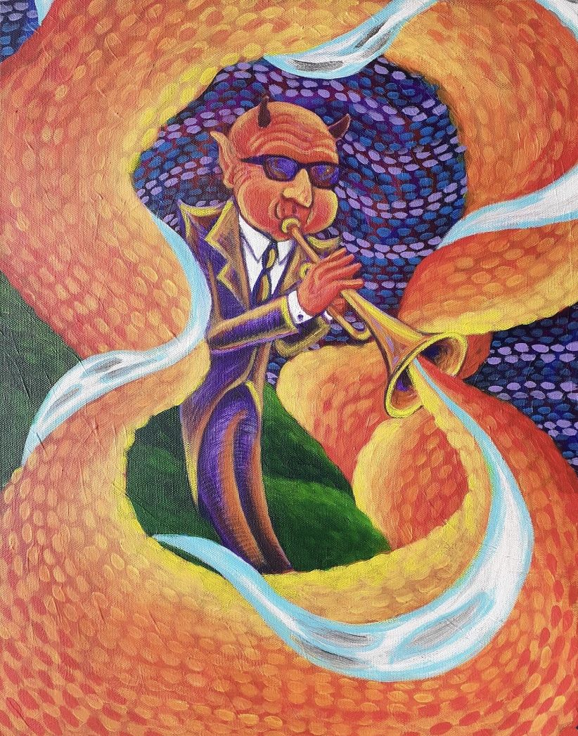 Original Acrylic Painting Jazz Trumpet Devil Fire Art 