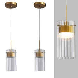 Set Of 2 1 Light Gold Integrated LED Pendant Light with Cylindrical Glass Shade Hanging Light Fixture