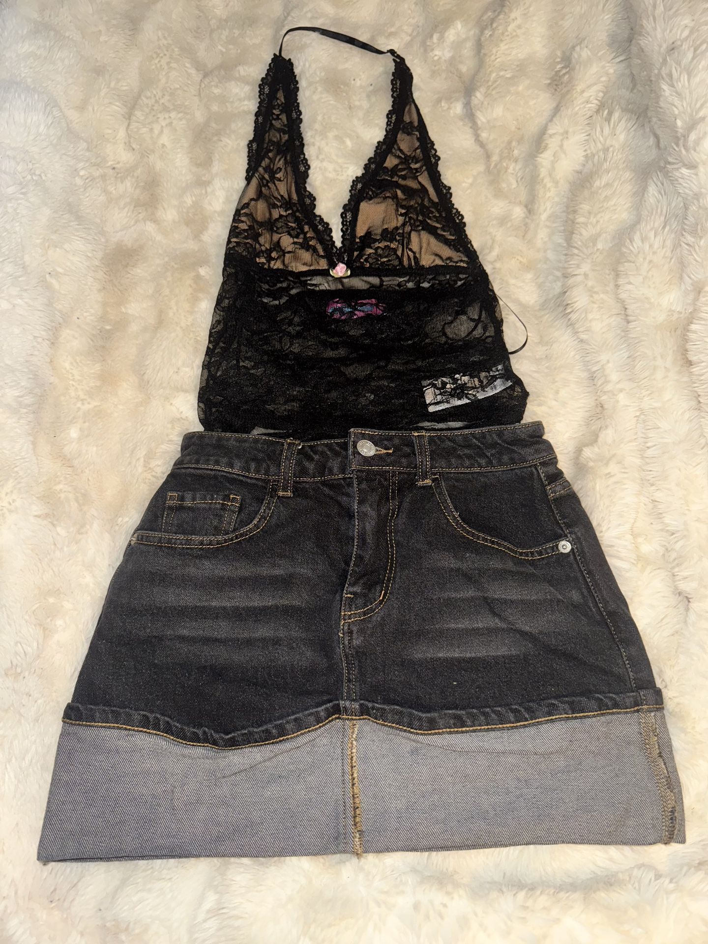 Black denim mini skirt with grey underlay and shirt #miniskirt   black denim, mini skirt, grey underlay, distressed, high-waisted, streetwear, grunge,