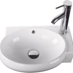 Ceramic Vessel Sink and Chrome Faucet Combo, White-030