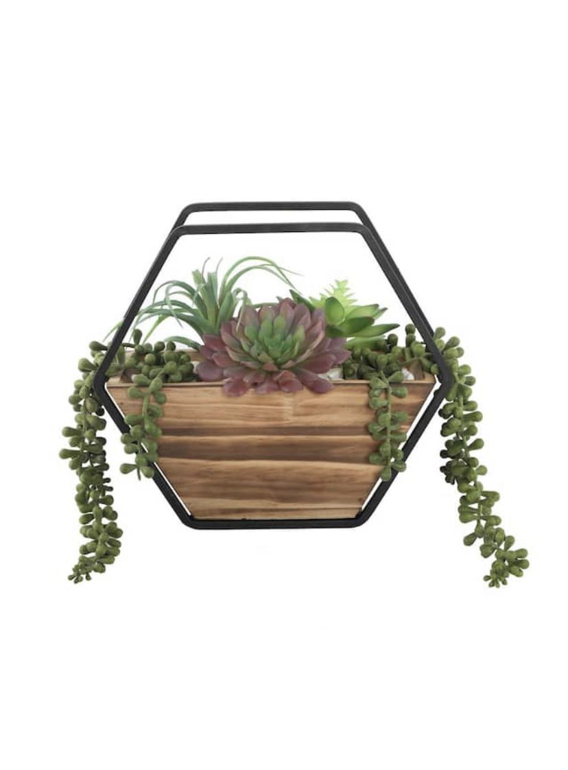 11 in. Artificial Hexagon Wood and Metal Wall Faux Succulents Mix