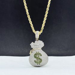 14k Solid Gold Rope Chain Diamond Cut And Money Bag Pendant With Diamond 💎 , Necklance Gold