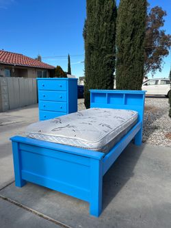 Blue Twin Bed W/ Mattress & Matching Chest!
