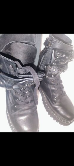 Black Studded Combat Boots with Side Zipper
