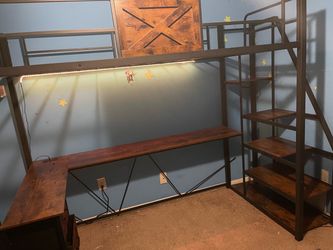 Loft twin Bed with Desk and Stairs and electrical outlets and lights