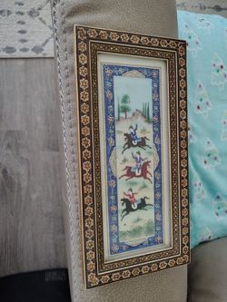 Vintage Persian Style Hunting Scene Painting with Khatam Inlay Marquetry Wood Frame