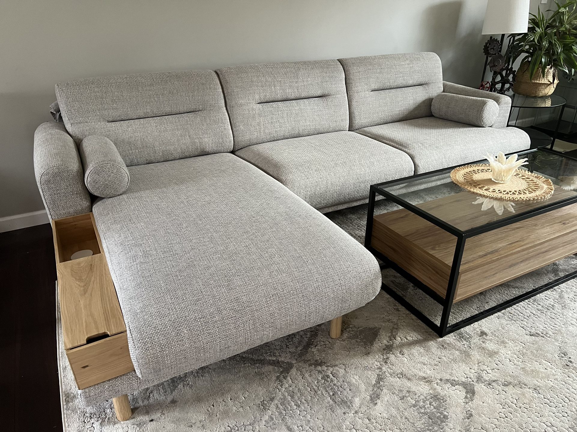 Sofa w chaise, left, light gray