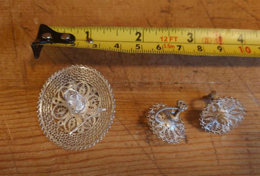 Mexican silver filigree broach and earring sets