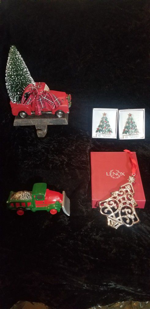 Stocking Holder, Lenox Ornament, Dept 56 Tractor  And 2 Pillar Candle Pins