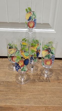 Vintage Block Basics "Orchard" Hand-Painted Footed Iced Tea Glasses - Set of 8