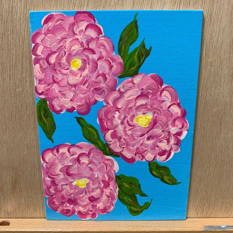 Magenta Flowers Painting, Wide Pedals, Yellow Pistil, Broad Green Leaf's, 5 x 7