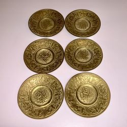 Vintage Lot Of 6 Islamic Designed Brass 3.5 ” Mini Plates, Very Nice 