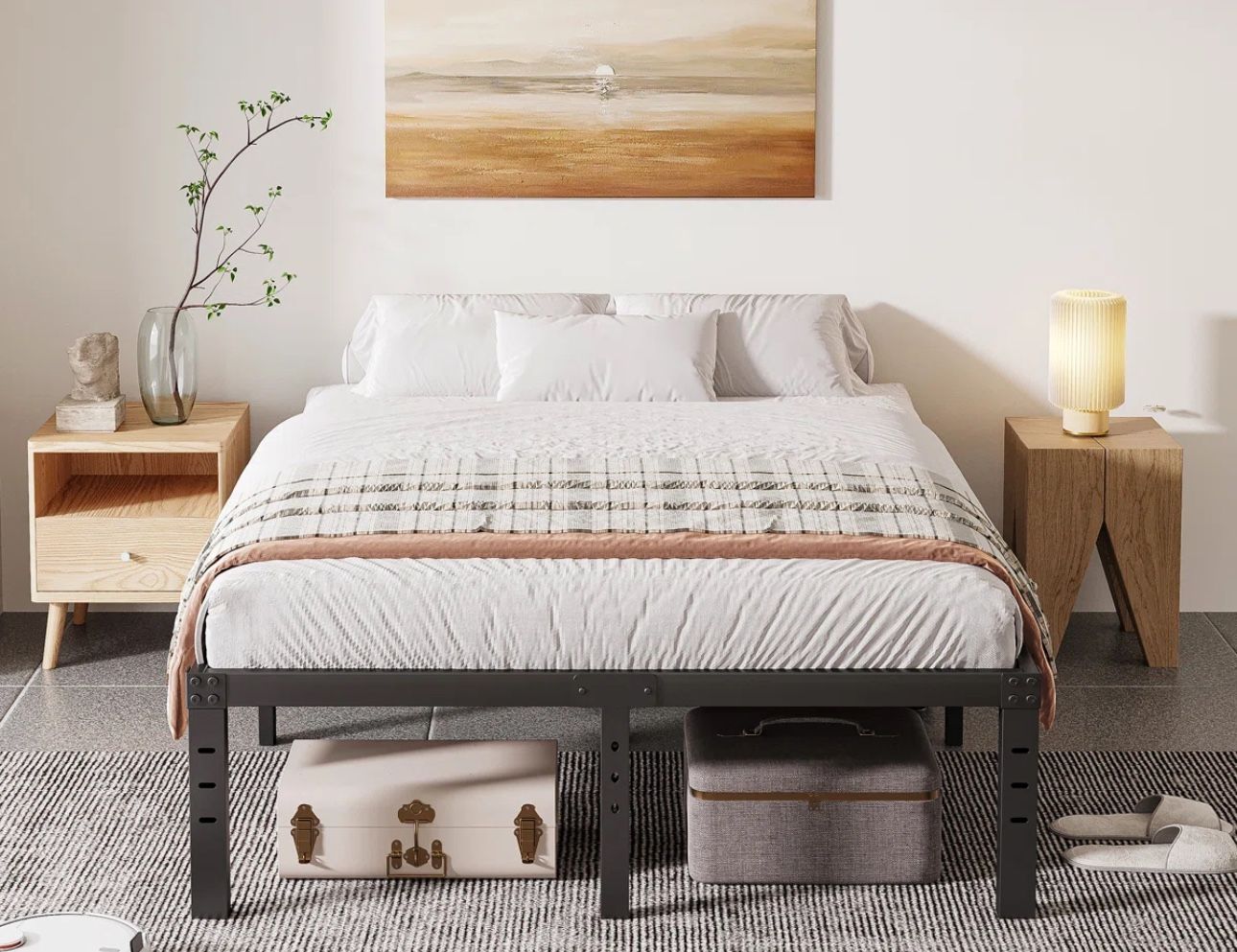 Marple 16 Inch Metal Platform Bed Frame with Wood Slat Support, Heavy Duty Mattress Foundation, KING 