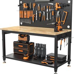 48" Heavy Duty Work Bench Adjustable Height Max Load 2000 LBS with Storage Shelf for Garage Workbench, Rubberwood Tabletop with Pegboard, LED Light, B