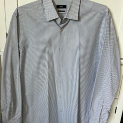 Hugo Boss Slim Fit Dress Shirt Men’s 16.5 42 – White Navy Dotted – Long Sleeve – Excellent 