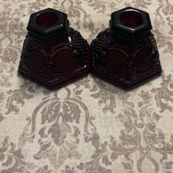 Avon 1876 Ruby Red Vintage Candlesticks Cape Cod Collection Set Of Two
