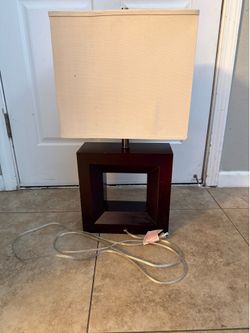Modern Table Lamp - Dark Wood Cutout Base, Cream Shade