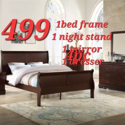 BRAND NEW 4PCS QUEEN BEDROOM SET BED FRAME, NIGHTSTAND, DRESSER, MIRROR $499