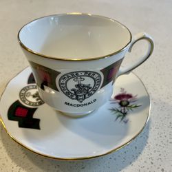Teacup and Saucer with Macdonald clan tartan and crest