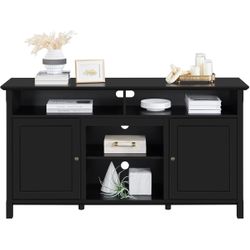 Modern Black TV Stand with Storage, Shelves & Built-In Outlet