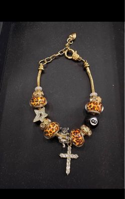Gold Charm Bracelet with Leopard Print Beads