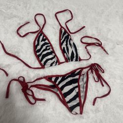 Red zebra y2k low rise bikini swimsuit goth festival rave dance scrunch emo  N
