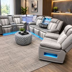 Gray/ice luxury power recliner sofa set w/ SUB WOOFER MASSAGER BLUETOOTH SPEAKERS LED READING LIGHTS