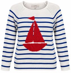 LOFT Nautical Sailboat Sweater Women's Small Blue White Striped Coastal Preppy Knit