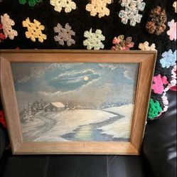 ($40Firm)Beautiful painting with cabin by river