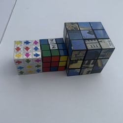 Lot of 3 Rubik’s Style Puzzle Cubes – Classic, Picture, and Arrow Pattern