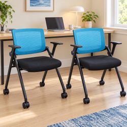 Set of 2 Blue Folding Office Chairs with Wheels