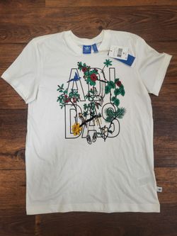 adidas Originals Men's White Trefoil Floral Birds Graphic Crew Neck Cotton Tee M