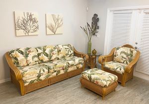 Photo Royal Pine Acacia home & Garden collection sofa sleeper, lounge chair, ottoman, and end table Sofa; W 85” x D 38” x H 33” Chair; W 36” x D 38” x H 3