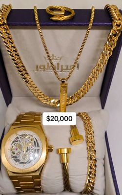 Luxury Gold Jewelry Set with Watch, Chains, Bracelet & Ring