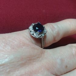 Size 7 Fashion Flower Ring Stamped 925 Sterling Silver Genuine Sapphire 