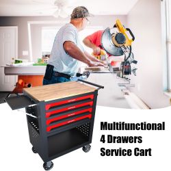 4-Drawer Multifunctional Tool Cart with Wheels and Wooden Top New