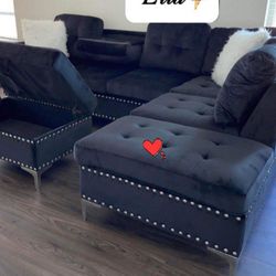 New joy, black velvet reversible, sectional with storage ottoman and free delivery