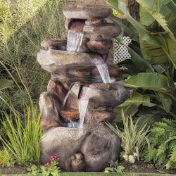 4-Tiered Outdoor Floor Rock Water Fountain for Garden or Patio with Natural Stone Look, Light Gray