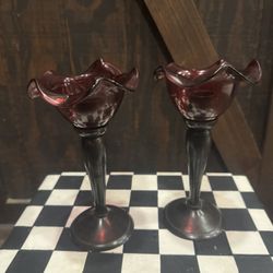 Candlestick holders with ruby red or cranberry glass cups