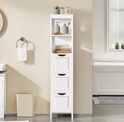 56 inch Tall Narrow Storage Cabinet with 3 Drawers, White