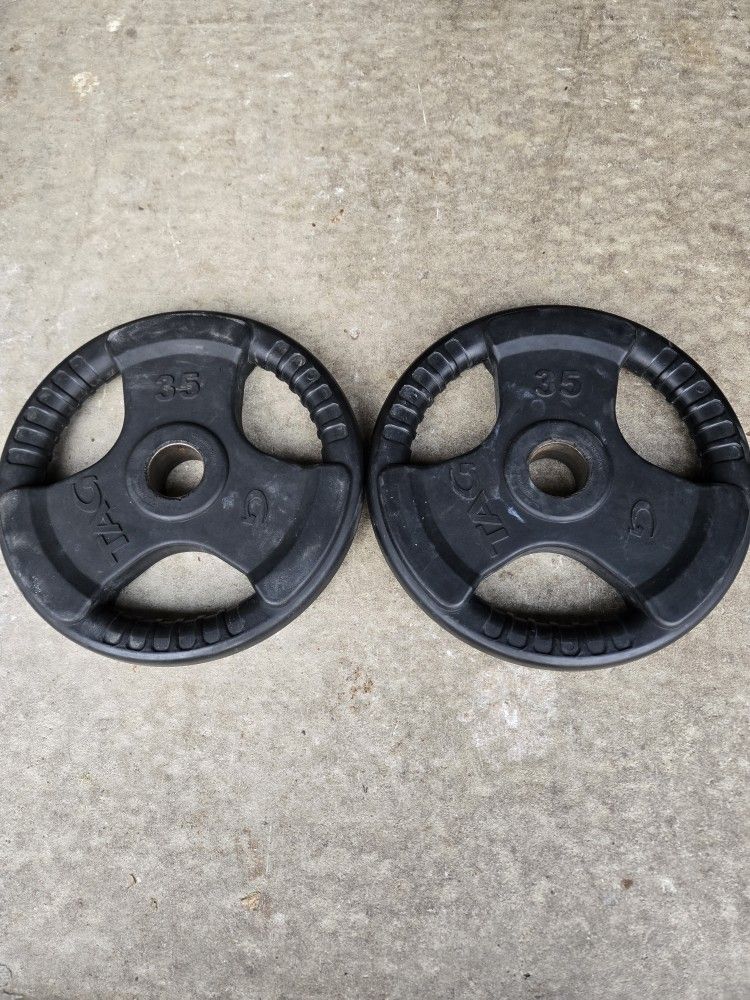 Used 35lb Pair Of Rubber Coated Grip Plates Olympic Weight Plates